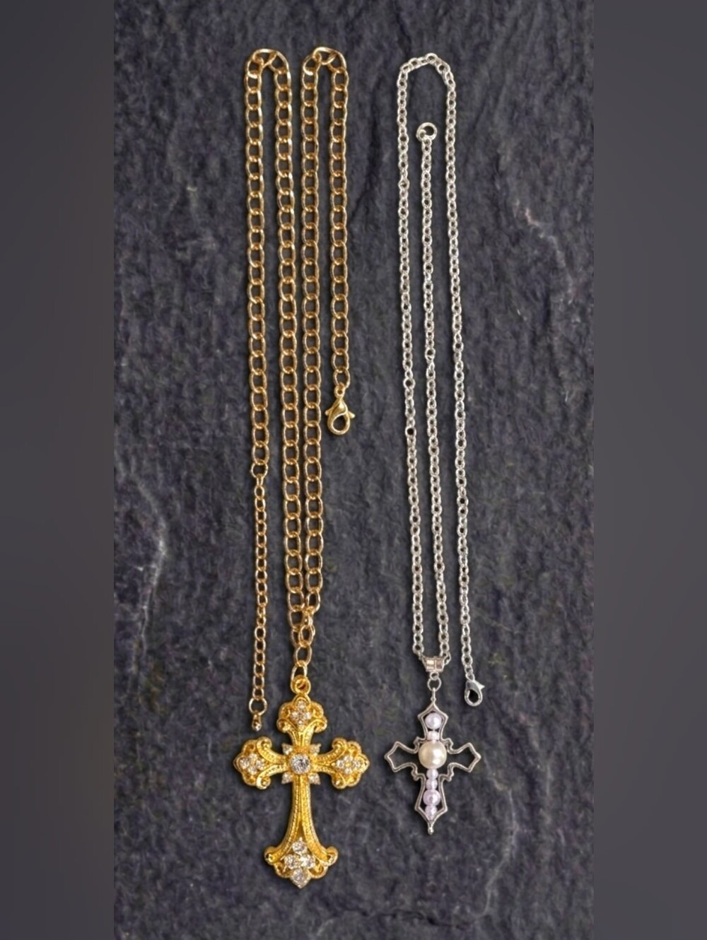 Premium Set Of Two Cross Pendants Necklaces - Gold Tone 30" Silver Tone 28"
